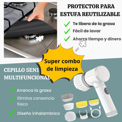 Combo de Limpieza [Protector para estufa x4 + Cepillo Multifuncional 5en1]